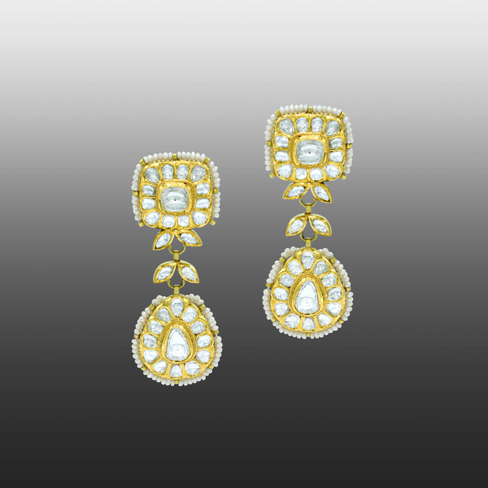 Polki Square Necklace Set with Polki Leaves and Pear Drop